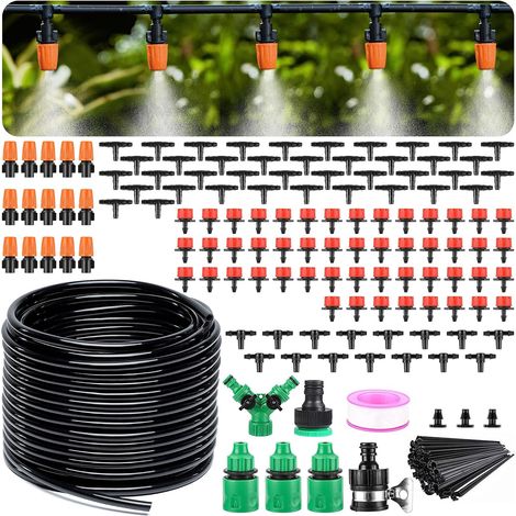 Kit di irrigazione a goccia da 50 m – Sistema di irrigazione automatico per giardino con tubo flessibile da 1/4", ugelli nebulizzatori regolabili e gocciolatori per aiuole rialzate, prati e serre. (1/5)