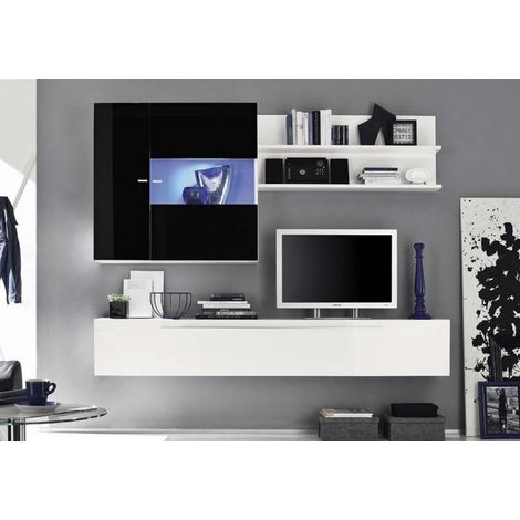 Conjunto mueble TV suspendido GIGLIO blanco y negro lacado 210 cm
