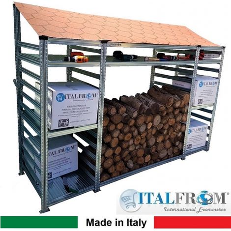 Legnaia Modulare ITALFROM� in Acciaio Zincato con Staffe a Parete - con 7 Ripiani Portaoggetti - Modulo Iniziale - cm L218(M1=60 + M2=98 + M3=60)xP60xH200 Tetto Verde (1/3)