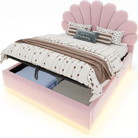 Lit coffre 140x200 cm en velours avec tête de lit fleur, rangement hydraulique, LED intégrées, cadre métal et design moderne pour chambre élégante  CHICFURN (1/5)