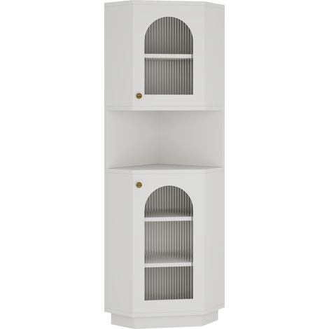 Armoire de salle de bain angle Blanc, 45x45x166,5 cm, bande lumineuse, étagères réglables, 2 compartiments, gain de place (1/5)
