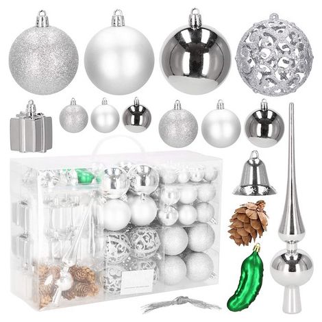 SPRINGOS Weihnachtsbaumkugeln 100 Stück inkl. Spitze Kunststoff verschiedene Formen Silberfarben Weihnachtsschmuck Weihnachten Tannenbaum