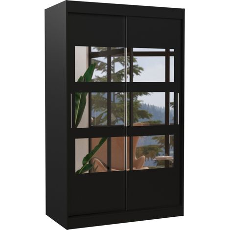 Petite armoire de chambre à coucher 2 portes coulissantes noir avec 6 miroir Kolida 120cm (1/5)