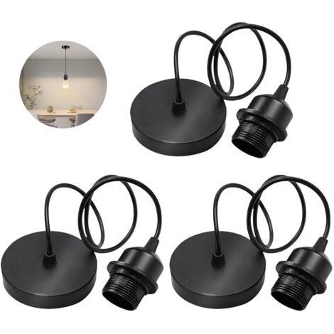 Lot de 3 suspensions de lampe E27 : câble de 100 cm, douille de lampe E27 avec anneau de fixation, câble textile réglable pour maison, bar, café - Noir, (1/5)