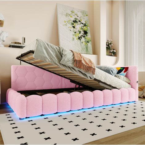Lit daybed rose 90x200 cm en velours avec LED, USB, Type-C et coffre relevable (1/5)