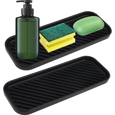 Set di 2 porta spugne da lavello in silicone per cucina, 23x9 cm, nero  Design antiscivolo a righe, isolamento termico, massima versatilità, per riporre spugne, detersivi per piatti e sapone. (1/5)