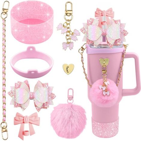 Tassen Accessoires Set Glitzerschleifen Strohhalm Dekorationen Pompon Aufhänger (1/2)