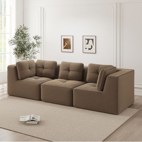 Divano angolare modulare in corduroy marrone, seduta profonda 74 cm (1/5)