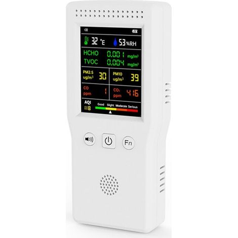 Monitor per la qualità dell'aria 9 in 1 con schermo LCD ad alta precisione, misuratore di PM2.5, PM10, HCO2, TVOC, CO2, AQI, temperatura e umidità (bianco) (1/2)