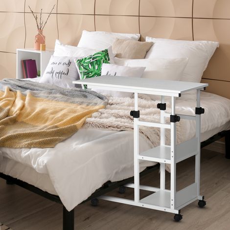 Mesita auxiliar con ruedas, regulable en altura, compacta, 2 estantes, estructura metálica, 80x40x72-82 cm, blanca.