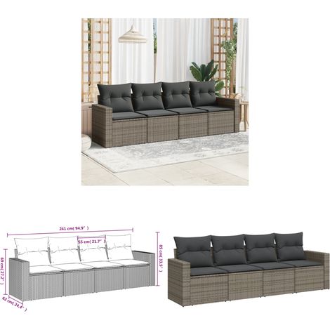 Salon de jardin 4 pcs avec coussins gris résine tressée - Salon De Jardin - Canapé Extérieur - Meuble De Jardin - Set Salon De Jardin - Résine Tressée - Home & Living (1/3)