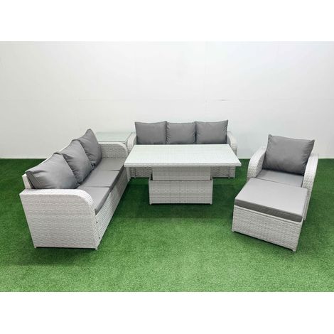 Fimous 8 Seater Poly Rattan Outdoor Garden Furniture Adjustable Lifting Dining or Coffee Table Sofa Set Patio 3 Seater Sofa Reclining Chair 3 Seater Sofa Big Footstool Side Table Light Grey (1/5)