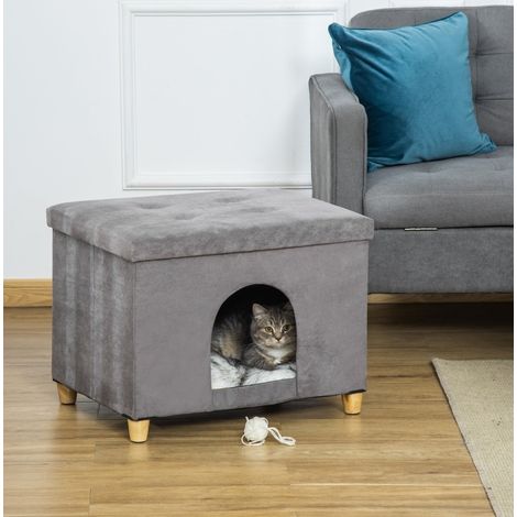 2-in-1 Katzenhöhle mit Kissen, Fußhocker, graues MDF, HAVRYA (1/4)