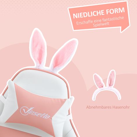 Chaise gaming ergonomique rose avec support lombaire, repose-pieds et appui-tête à oreilles de lapin (1/4)