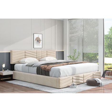 Lit double continental en velours côtelé beige, sommier à ressorts avec tête réglable en hauteur, 180x200 cm, mécanisme hydraulique, style rayé. (1/5)
