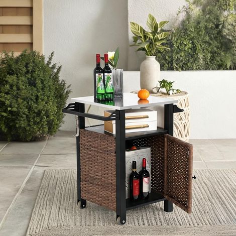 Meuble de bar roulant en osier avec plateau inox en acier (1/5)