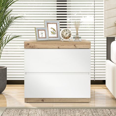 Pour la chambre, plus de rangement avec cette table de chevet blanche et décor chêne à 2 tiroirs (1/5)