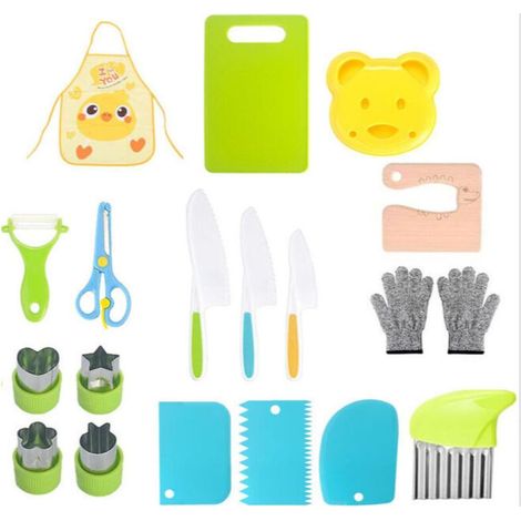 Ensemble de 19 couteaux de cuisine pour enfants : couteaux de sécurité dentelés pour fruits et légumes, planche à découper et accessoires de cuisine assortis (1/4)