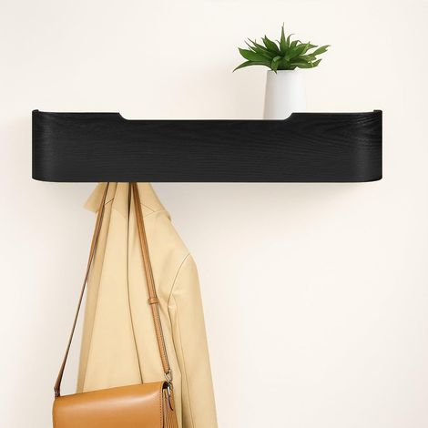 Youyijia Wandgarderobe mit 5 Haken und Ablagebrett, Garderobenleiste aus Holz in Modernem Design, Stabile Wandgarderobe mit 30kg Tragkraft für Flur, Schlafzimmer und Wohnung (Schwarz)