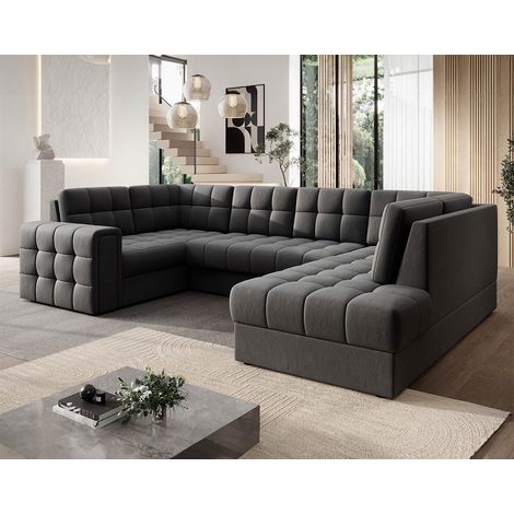 Bestmobilier – Canapé panoramique convertible 7 places avec coffre en velours – Angle gauche – Couchage occasionnel – Style contemporain – Gris (1/5)