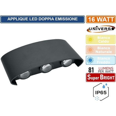 APPLIQUE LAMPADA LED DA MURO DOPPIA EMISSIONE LUMINOSA 10W WALL LIGHT NERA CON 6 LED SMD IP65 - Colore Luce: Bianco Caldo (1/5)
