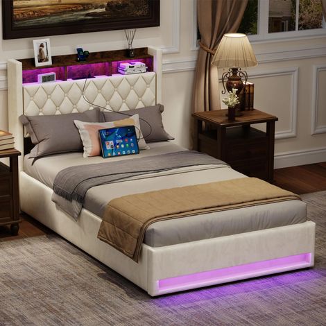 Lit coffre capitonné 140x200cm avec lumière LED, prise électrique et prise USB, velours, beige, sans matelas (1/5)