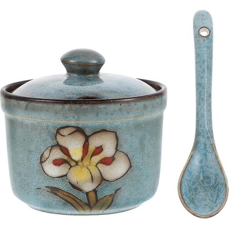 1 pot à épices en céramique bleue, compatible avec un usage domestique, avec couvercle et cuillère. (1/5)