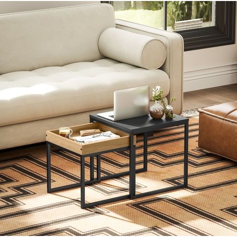 Table basse 2 pièces 45x45x45 cm noire en acier et MDF avec plateau amovible et design moderne (1/5)