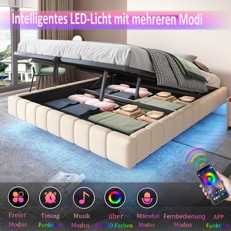 Lit rembourré 160x200 cm, cadre de lit flottant hydraulique avec rangement, lit rembourré multifonction sans tête de lit avec lumière LED, lin beige (1/5)