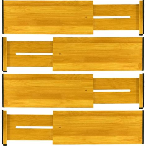 Lot de 4 séparateurs de tiroir réglables en bambou naturel (43 à 56 cm) Système de rangement de tiroirs pour cuisine, salle de bain, chambre à coucher, commode et bureau (1/5)