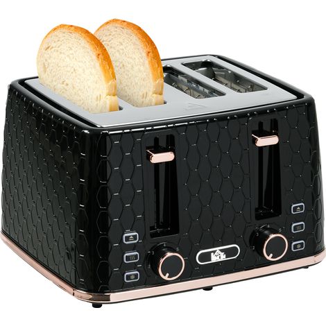 4 Slice Toaster with 7 Browning Levels, High Lift, Reheat/Defrost/Cancel, Self-centring Function, Removable Crumb Tray, Auto Off, 1600W, Black Honeycomb Texture
