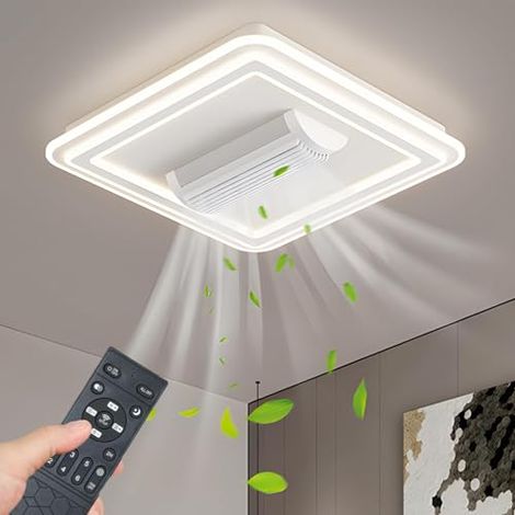 Ventilateur de plafond moderne sans pales avec lumière, 6 vitesses, télécommande, intensité variable, convient pour bureau et chambre (carré).