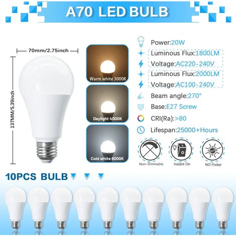 (10 ampoules, lumière naturelle 4000K) Ampoules LED A70, sans scintillement, indice de rendu des couleurs CRI 80+, convient aux chambres, couloirs, etc. (1/5)