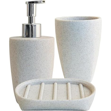 Sand series complete bathroom set with soap dispenser, soap dish toothbrush holder, bath glass, liquid soap dish made of resin color effect stone effect (1/5)