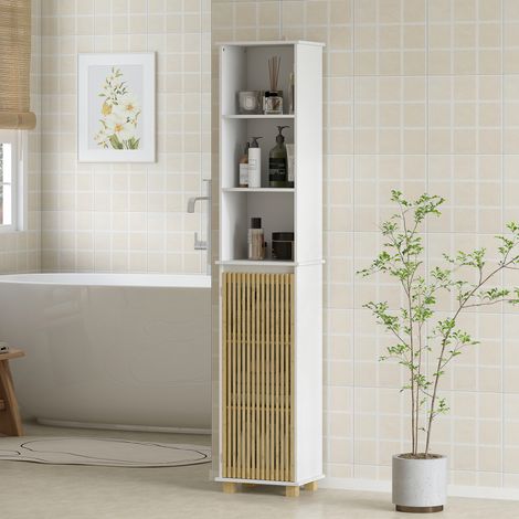 Colonne salle de bain. meuble salle de bain rangement avec porte à lattes en bambou et compartiments ouverts. blanc
