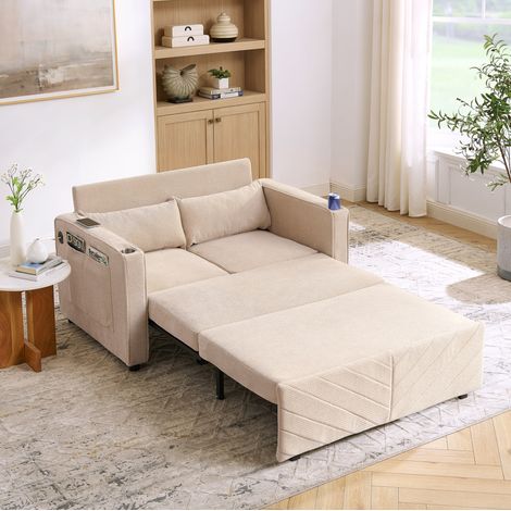 Divano letto 2 posti 3 in 1 con USB, sistema scorrevole, 195 x 134 x 73 cm, beige DESVIAE (1/5)