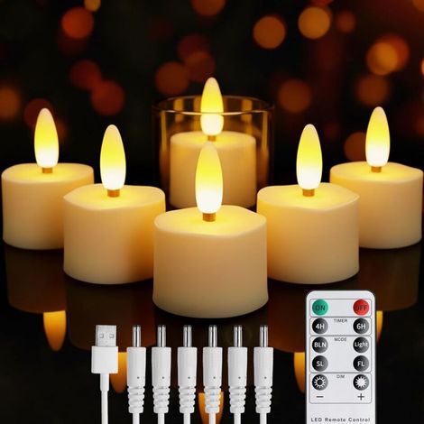 Aufladbare LED Teelichter mit Timerfunktion, 6 Stück Flammenlose LED-Kerzen Realistische LED Candles mit Fernbedienung, Flackernde Flamme für Hochzeit Halloween Weihnachten Wohndekoration (1/5)