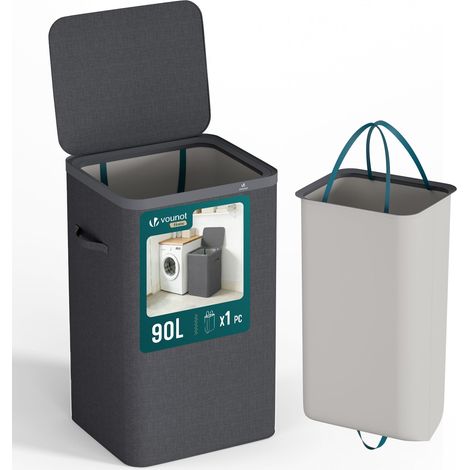 VOUNOT® Cesto Ropa Sucia 90L con Tapa Cesta Colada Plegable 1 Compartimento Bolsa Interior Extraíble Cubo Ropa Sucia Lavandería Dormitorio Antracita