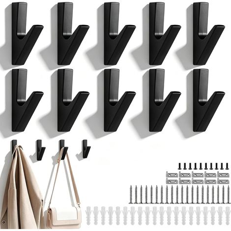 10x Porte-manteau mural noir – Crochets muraux en aluminium, forme en V avec Vis & Chevilles – Pour salle de bain, Cuisine, Entrée, Salon (1/5)