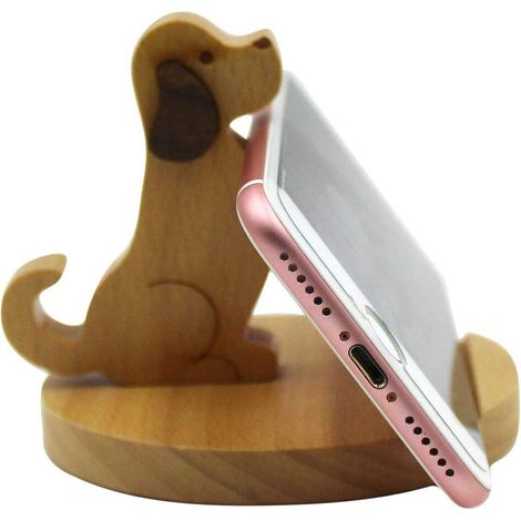 Support Téléphone Bois - Chien - Compatible Tous Smartphones - Bureau Maison Plage - 1 Pièce (1/5)