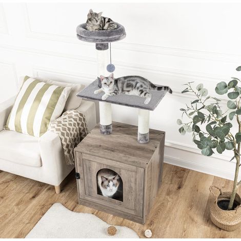 Hoobro – Arbre à chat moderne 2-en-1 avec maison de toilettes – Dimensions 52 x 45 x 128 cm – Poteaux à griffer en sisal – Couleur grège