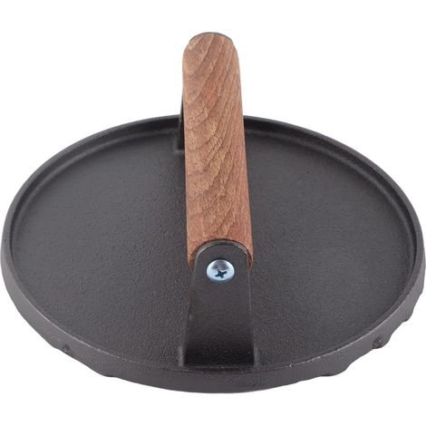 Presse-viande en fonte ronde avec manche en bois pour grillade, rôtissage, friture et cuisson au barbecue - outil de pression pour steak (1/5)