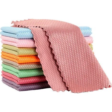 Packung mit 10 fusselfreien Mikrofasertüchern zum Reinigen und Polieren mit Schuppenmuster, hohe Saugfähigkeit für Küche und Haushalt (Farbe zufällig) (2525cm) (1/5)