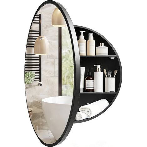 Armoire à pharmacie ronde avec miroir, cadre en aluminium, charnière à fermeture douce, 50,8 cm, noir (1/5)