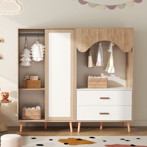 Armario infantil modular de almacenamiento 160x46x141.5cm con puertas correderas colgador y cajones estilo escandinavo mdf blanco y madera natural (1/5)