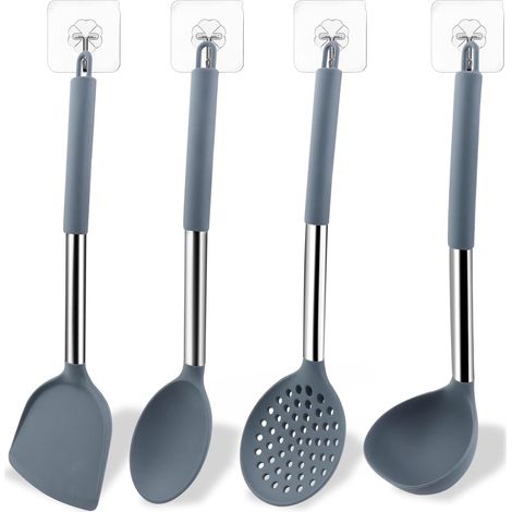 Un juego de 4 utensilios de cocina de silicona para remover y servir alimentos (cuchara, colador, espátula china, cuchara ancha). (1/5)