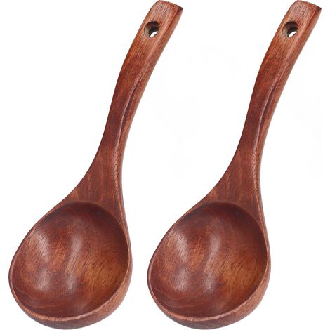 Lot de 2 cuillères en bois, manche perforé, matériau naturel, pour cuisine et salade (1/5)