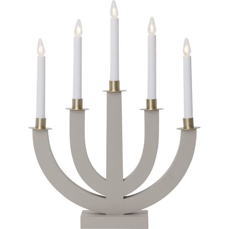 Chandelier Star Trading 'Eli', 5 lumières, détails dorés, bois, gris-beige, blanc chaud, H 47 cm, L 37 cm