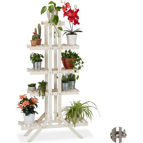Relaxdays Scala per fiori 5 gradini in legno, autoportante, shabby chic, per interno, 142x83x25 cm, bianca (1/5)