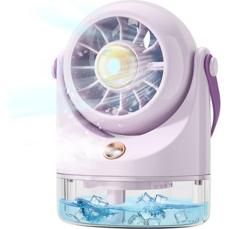 Mini-USB-Tischventilator – Ultraleiser, tragbarer Mini-Klimagerät mit Akku – Kleiner, batteriebetriebener Ventilator für Camping, Reisen und Büro – Tragbares Sprühgerät – Luftkühler – Lila (1/5)